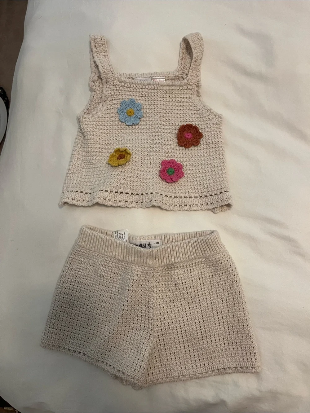 Zara Cream Crochet Tank & Shorts Set with Colorful Flower Appliqués